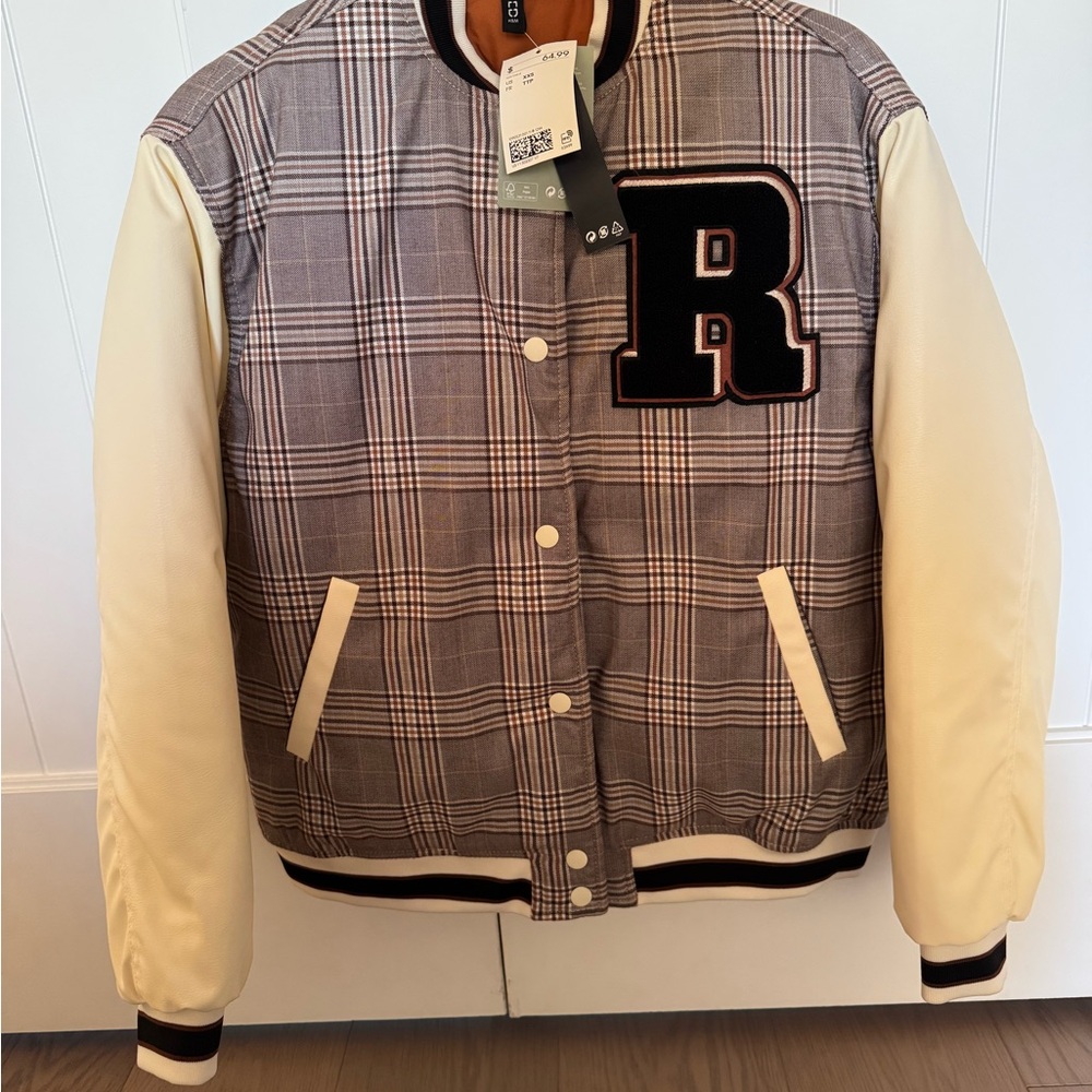 H & M Divided Brand Plaid Varsity Jacket with Cream Sleeves. Brand New with Tags